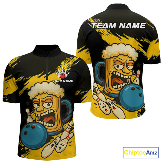 Black And Yellow Funny Beer Bowling Men Polo, 1/4 Zip Shirts Custom Angry Beer Glass Bowling Jersey NQS10784