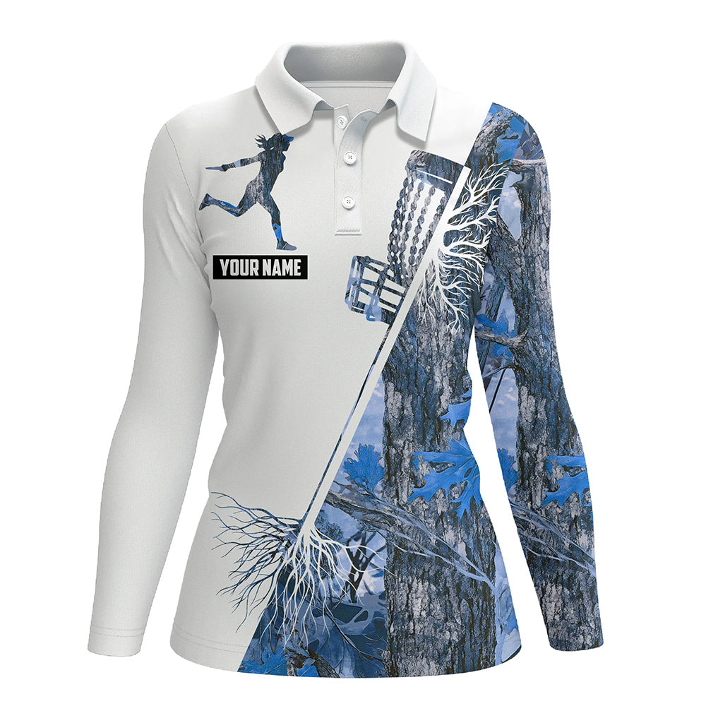 Blue Camo Women Disc golf polo shirts custom disc golf jersey, women disc golf apparel NQS9301
