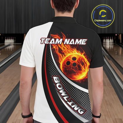 Personalized Black & White Red Flame Bowling Polo, 1/4 zip Team Shirts For Men, Gifts For Bowlers NQS11358