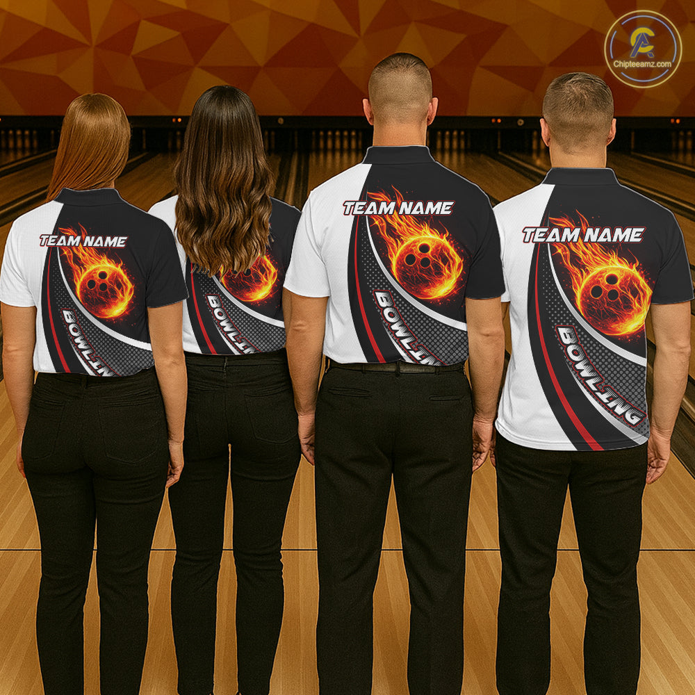 Personalized Black & White Red Flame Bowling Polo, 1/4 zip Team Shirts For Men, Gifts For Bowlers NQS11358