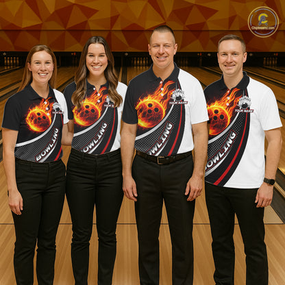 Personalized Black & White Red Flame Bowling Polo, 1/4 zip Team Shirts For Men, Gifts For Bowlers NQS11358