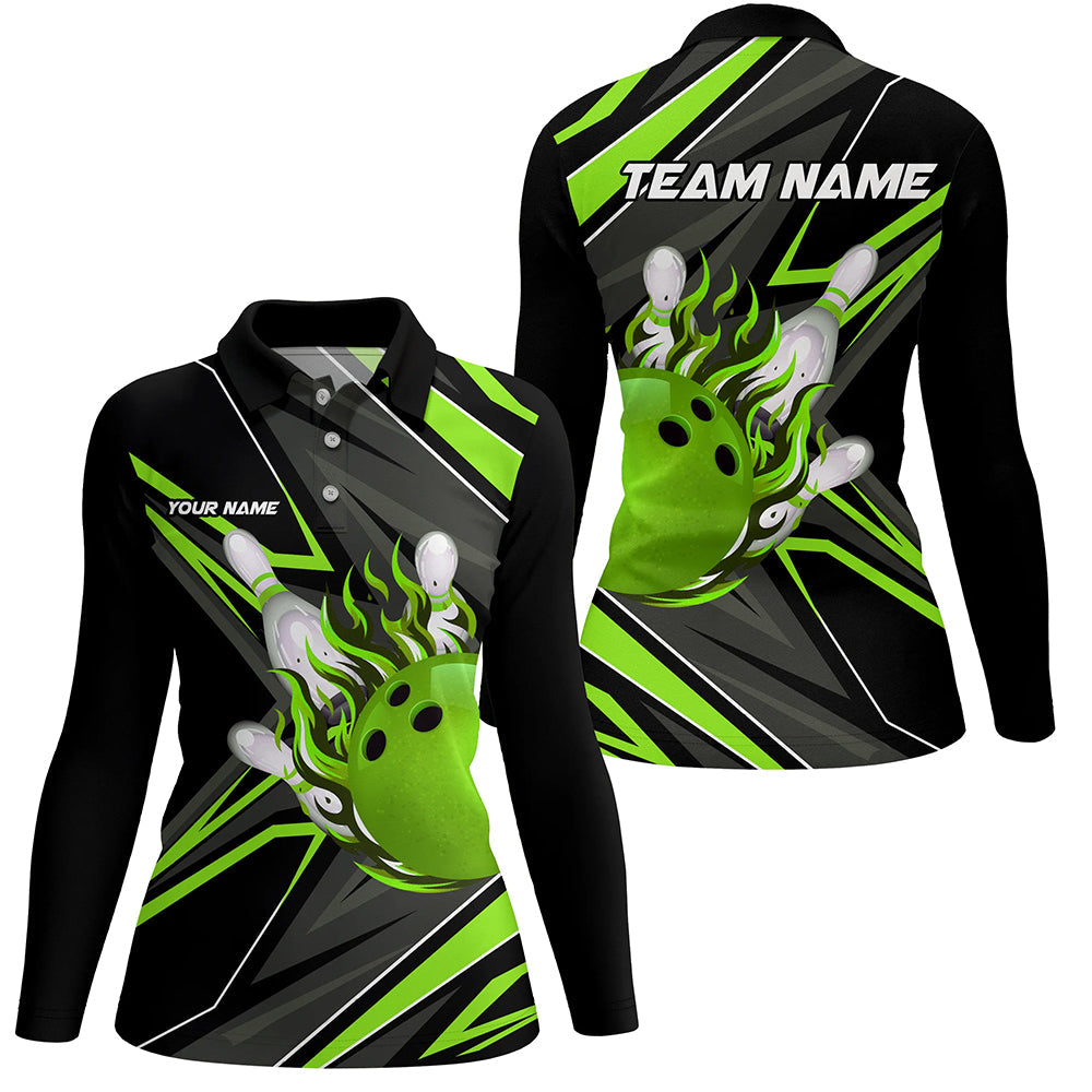 Black and green Womens bowling polo shirt custom Bowling Ball Pins flame bowling jerseys for Bowler NQS7386