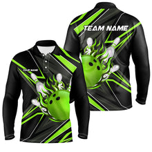 Load image into Gallery viewer, Black and green Men Bowling Polo Shirt custom Bowling Ball Pins flame bowling jerseys for Bowler NQS7386