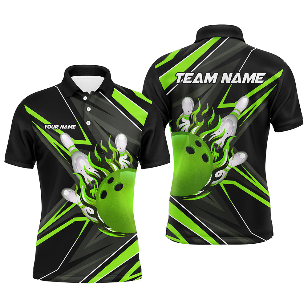 Black and green Men Bowling Polo Shirt custom Bowling Ball Pins flame bowling jerseys for Bowler NQS7386