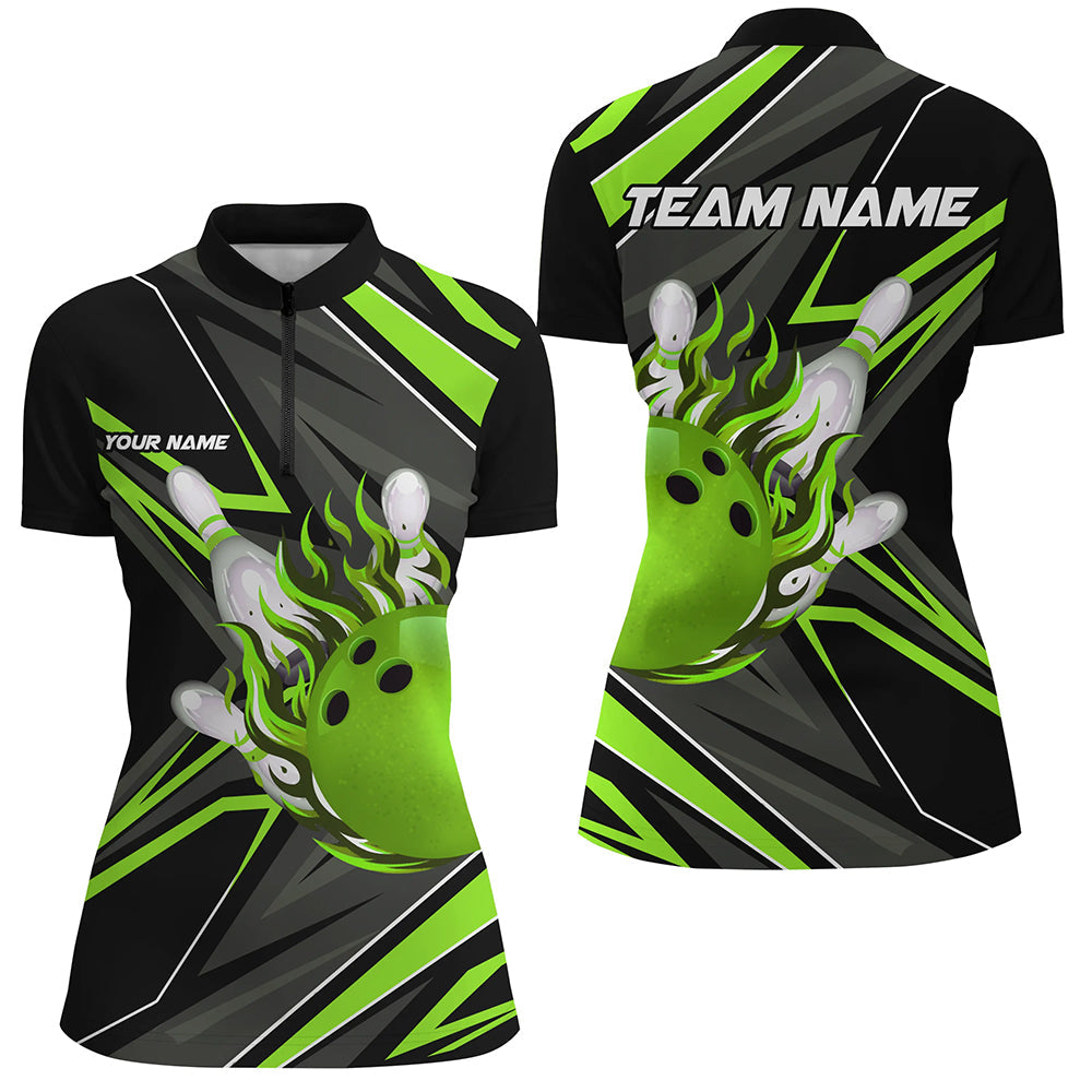 Black and green Womens bowling Quarter Zip shirt custom Bowling Ball Pins flame bowling jerseys NQS7386