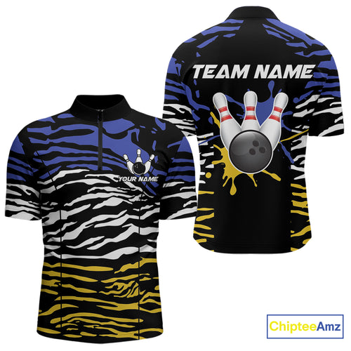 Blue, Yellow and White Tiger Skin Pattern Bowling Shirts For Men Custom Bowling Team jerseys NQS9803