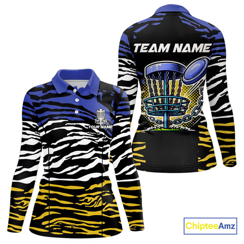 Blue, Yellow and White Tiger Skin Pattern Women Disc golf polo shirts Custom team disc golf jerseys NQS9804