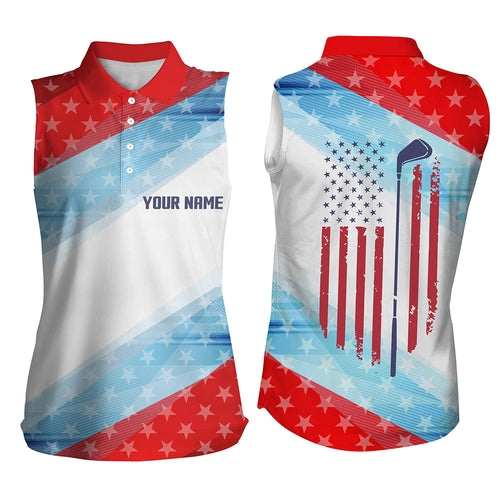 Red white and blue American flag Womens sleeveless polo shirts custom patriotic golfing gift NQS5375