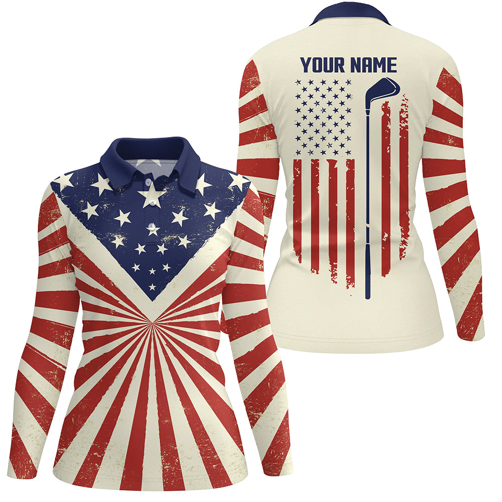 Vintage American flag patriotic Womens golf polo shirt custom golf tops for ladies patriotic golf gift NQS5377