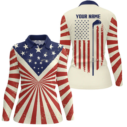 Vintage American flag patriotic Womens golf polo shirt custom golf tops for ladies patriotic golf gift NQS5377