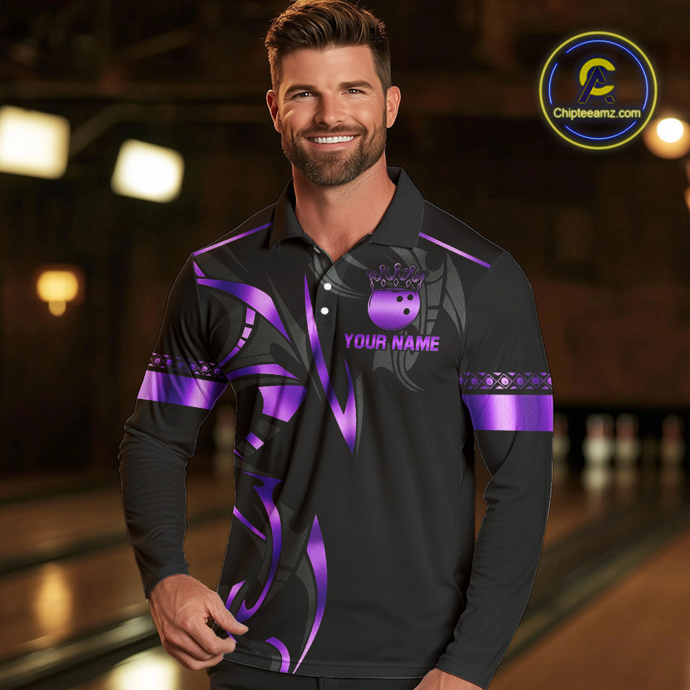 Black and Purple crown Bowling ball Polo, Quarter Zip Shirts for Men Custom Bowling Team jerseys NQS10046