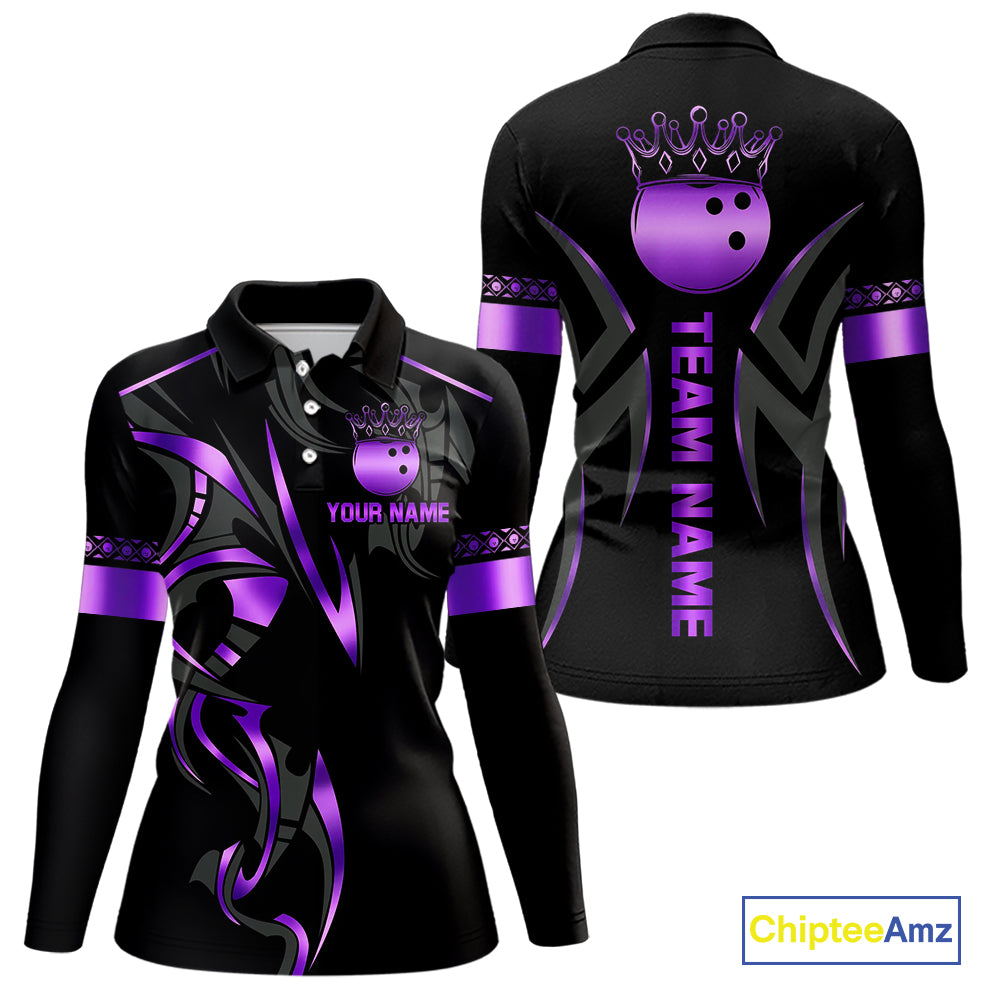 Black and Purple crown Bowling ball Polo, Quarter Zip Shirts for Women Custom Bowling Team jerseys NQS10046