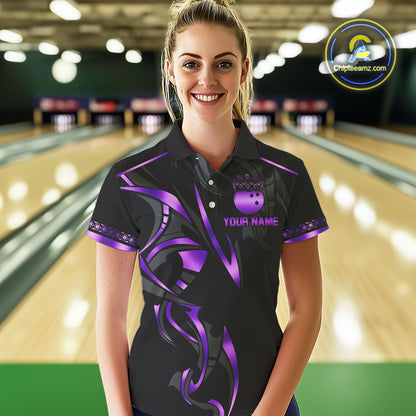 Black and Purple crown Bowling ball Polo, Quarter Zip Shirts for Women Custom Bowling Team jerseys NQS10046