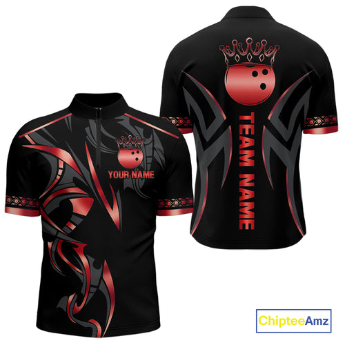 Black and Red crown Bowling ball Polo, Quarter Zip Shirts for Men Custom Bowling Team jerseys NQS10047