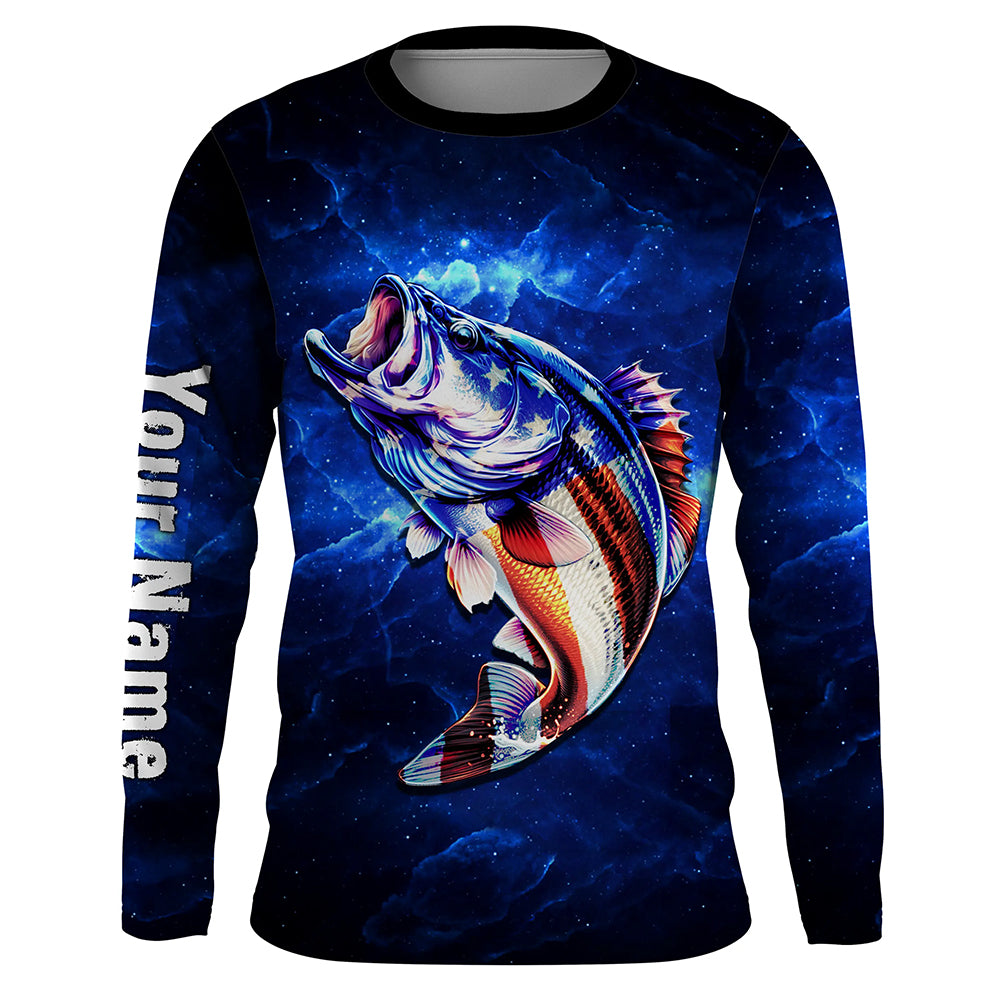 American flag Largemouth Bass Fishing blue galaxy background Custom name UV protection fishing shirts NQS782