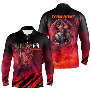 Black And Red Custom Dragon Flame Bowling Shirts For Men, Dragon Fire Bowling Team Shirts NQS8384