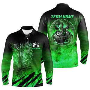 Black And Green Custom Dragon Flame Bowling Shirts For Men, Dragon Fire Bowling Team Shirts NQS8385