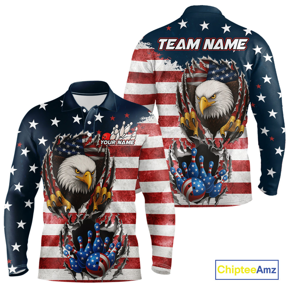 Vintage American Flag Eagle Bowling Polo, 1/4 Zip Shirt for Men Custom Patriotic Team Bowling Jersey NQS10569