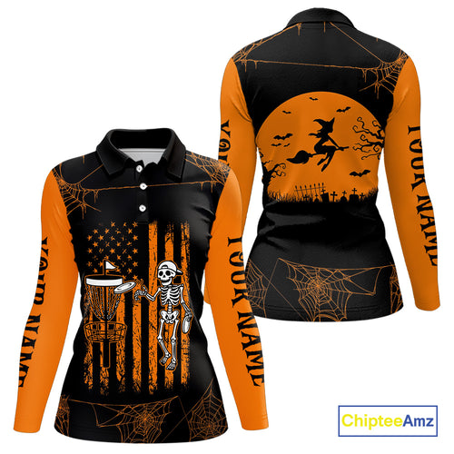 Black and Orange American Flag Halloween disc golf skull custom Women disc golf polo shirts NQS10785