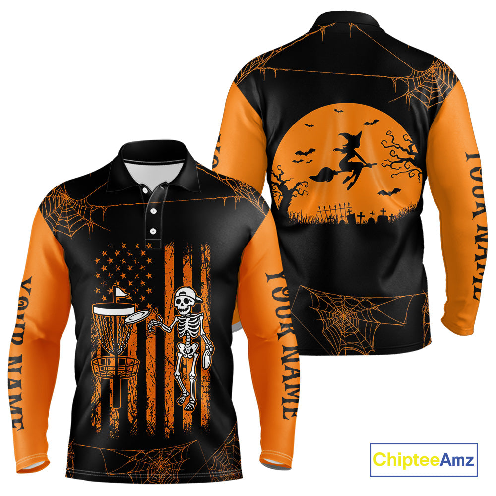 Black and Orange American Flag Halloween disc golf skull custom Men disc golf polo shirts NQS10785