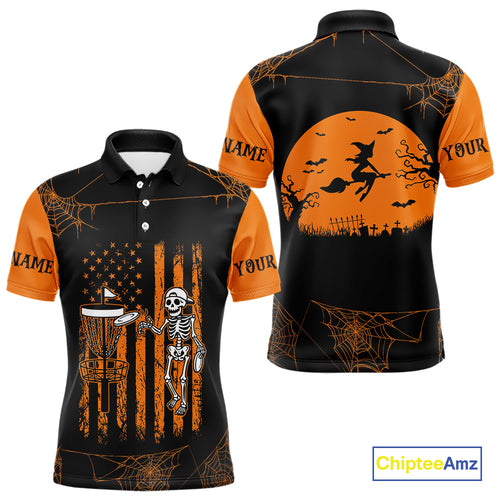 Black and Orange American Flag Halloween disc golf skull custom Men disc golf polo shirts NQS10785