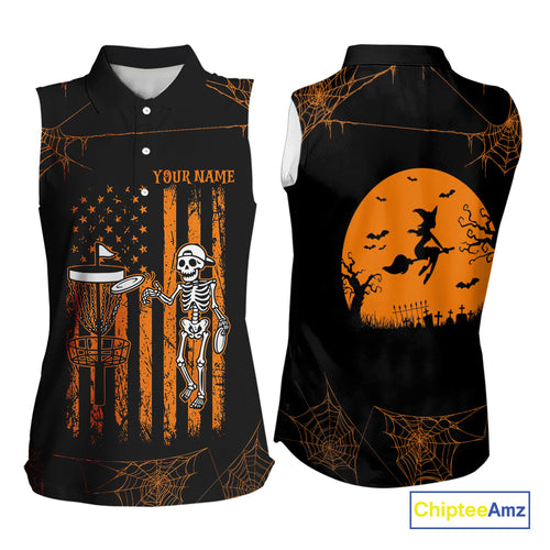 Black and Orange American Flag Halloween disc golf skull custom Women sleeveless disc golf polo shirt NQS10785