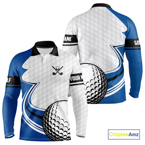 Blue & white golf ball short sleeve, long sleeve golf polo shirts custom name golf gifts for men NQS10214