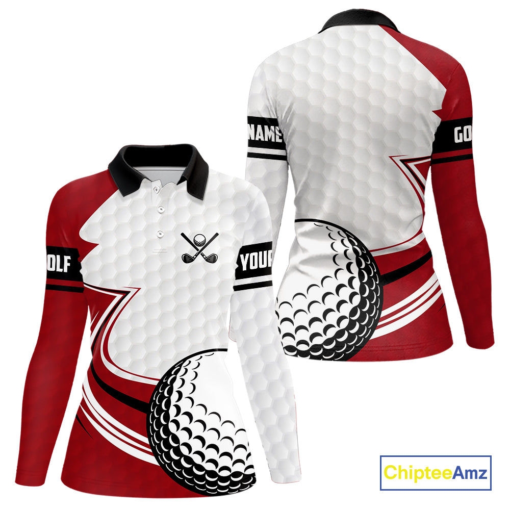 Red & white golf ball short sleeve, long sleeve golf polo shirts custom name golf gifts for Women NQS10215