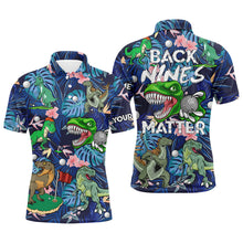 Load image into Gallery viewer, Funny Mens golf polo shirt custom blue tropical flower Dinosaur golf shirts back nines matter NQS6058