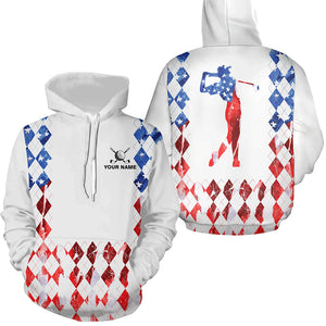 Red white and blue American flag argyle plaid pattern golf Hoodies custom patriotic golf apparel NQS8394