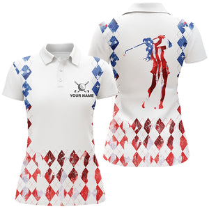 Red white and blue American flag argyle pattern Women golf polo shirts custom patriotic women golf top NQS8394