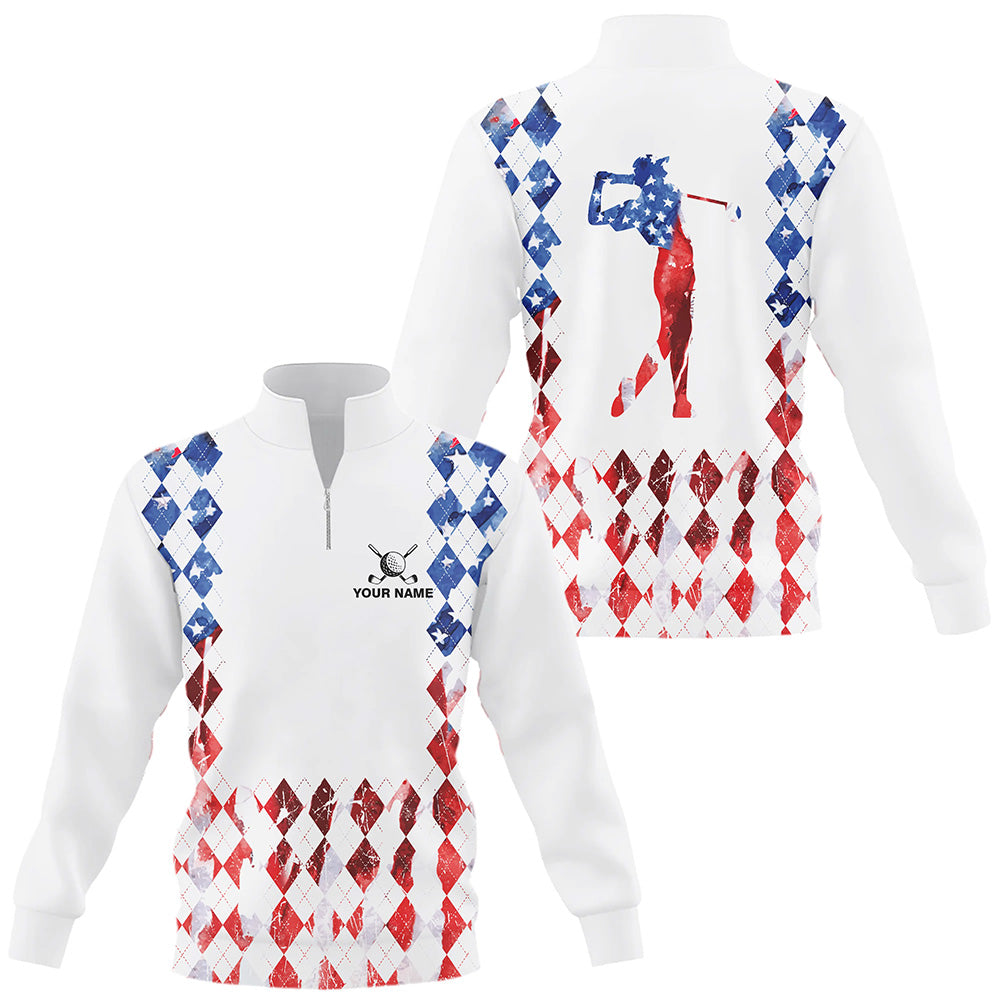 Red white, blue American flag argyle pattern Quarter zip golf sweatshirt custom patriotic golf sweater NQS8394