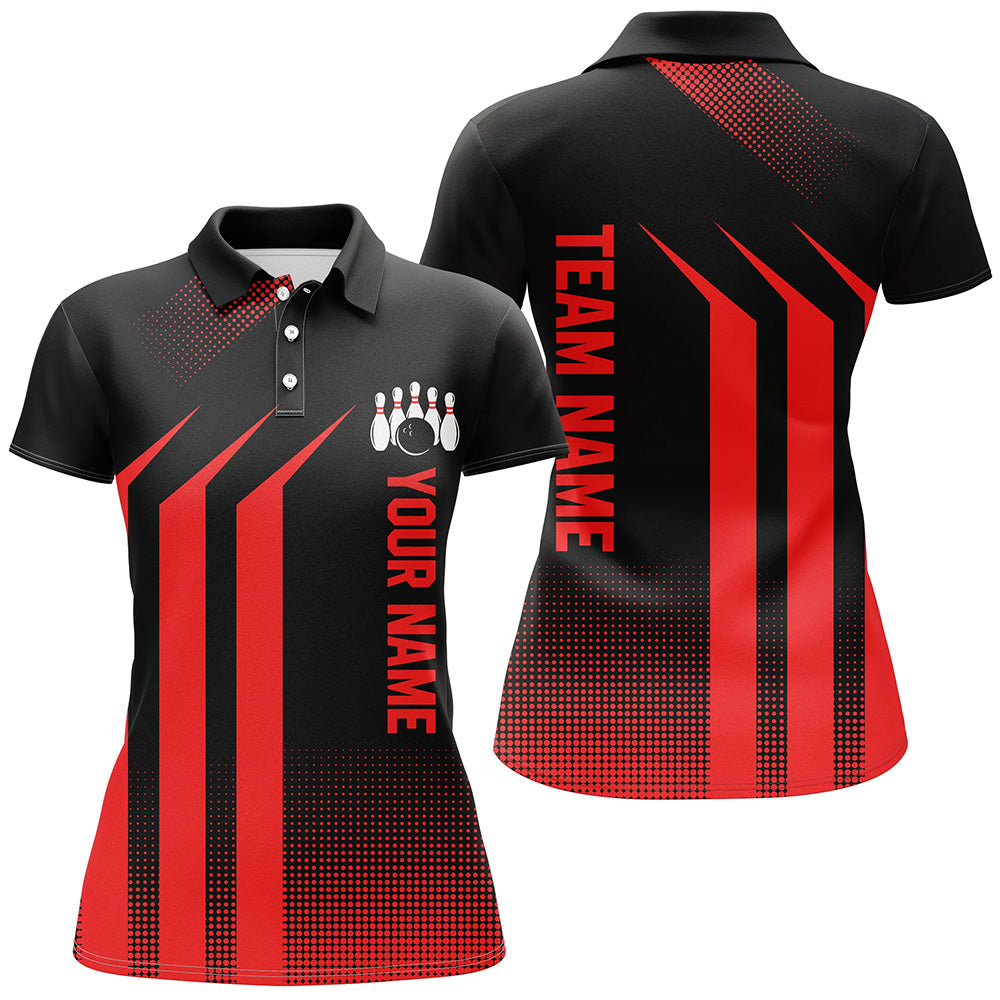 Black and Red Bowling Polo, Quarter Zip Shirt For Women Custom Bowling Team League Jerseys NQS8401