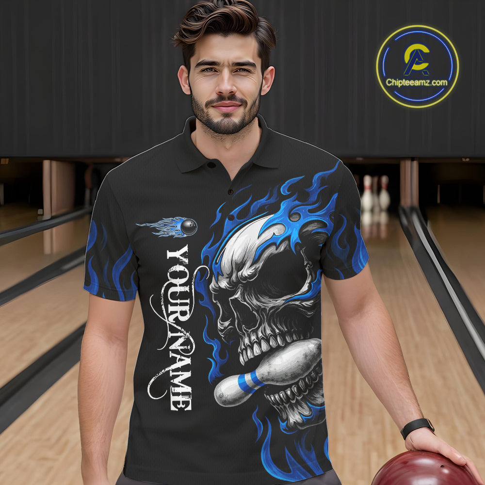 Custom Black and Blue Flame Skull Bowling Shirts For Men, Personalized Skull Team Bowling Jersey NQS10574