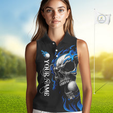 Load image into Gallery viewer, Custom Black and Blue Flame Skull Women&#39;s Sleeveless Polo Shirt, Skull Team Ladies Golf Outfit NQS10576