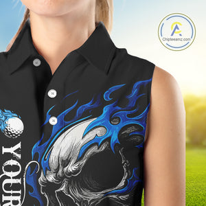 Custom Black and Blue Flame Skull Women's Sleeveless Polo Shirt, Skull Team Ladies Golf Outfit NQS10576