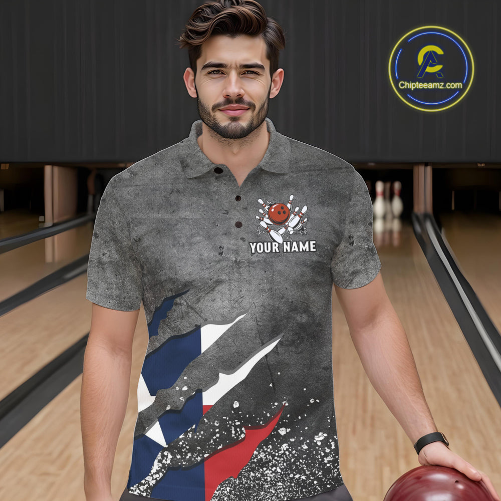 Gray Grunge Texas Flag Bowling Polo, Quarter Zip shirt for men Custom patriotic Team bowling jersey NQS10579