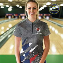 Load image into Gallery viewer, Gray Grunge Texas Flag Bowling Polo, Quarter Zip shirt for Women Custom patriotic Team bowling jersey NQS10579
