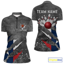 Load image into Gallery viewer, Gray Grunge Texas Flag Bowling Polo, Quarter Zip shirt for Women Custom patriotic Team bowling jersey NQS10579