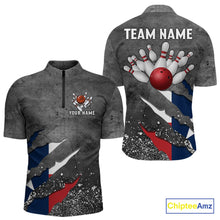 Load image into Gallery viewer, Gray Grunge Texas Flag Bowling Polo, Quarter Zip shirt for men Custom patriotic Team bowling jersey NQS10579