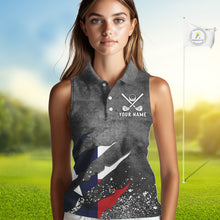 Load image into Gallery viewer, Gray Grunge Texas Flag Women&#39;s Sleeveless Polo Shirt Custom patriotic Golf attire for ladies NQS10580