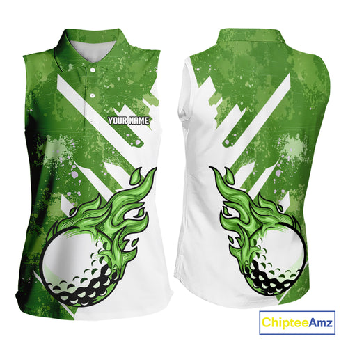 Green and white golf ball flame Women Sleeveless Polo Shirt custom team ladies golf clothing NQS10978