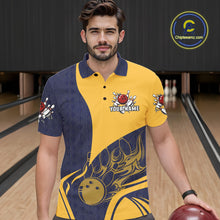 Load image into Gallery viewer, Blue and Yellow flame Bowling polo, 1/4 zip shirts for men custom Bowling team jerseys bowlers outfit NQS10983