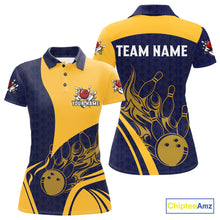Load image into Gallery viewer, Blue and Yellow flame Women Bowling polo, 1/4 zip shirts custom Bowling team jerseys bowlers outfit NQS10983