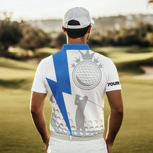 Load image into Gallery viewer, Blue and White Mens golf polo shirts custom golf attire for mens, unique mens golf apparel NQS9312