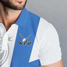 Load image into Gallery viewer, Blue and White Mens golf polo shirts custom golf attire for mens, unique mens golf apparel NQS9312