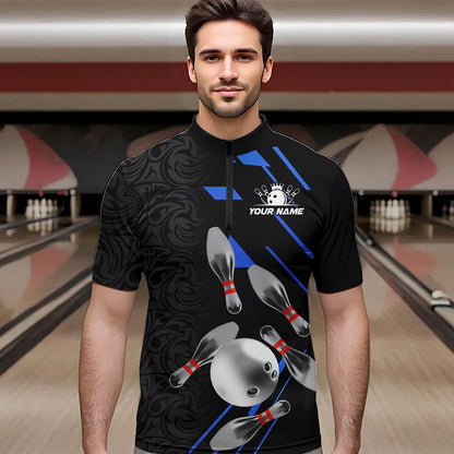 Silver Bowling Ball pins Team bowling shirts for Men custom bowling Polo, Quarter zip jersey | Blue NQS9624