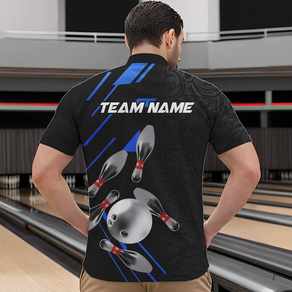 Silver Bowling Ball pins Team bowling shirts for Men custom bowling Polo, Quarter zip jersey | Blue NQS9624
