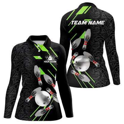 Silver Bowling Ball pins Team bowling shirts for women custom bowling Polo, Quarter zip jersey | Green NQS9628