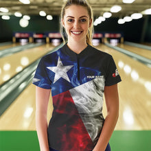 Load image into Gallery viewer, Smoke Texas Flag Black Women Bowling Polo, Quarter Zip shirt Custom patriotic Team bowling jersey NQS9631